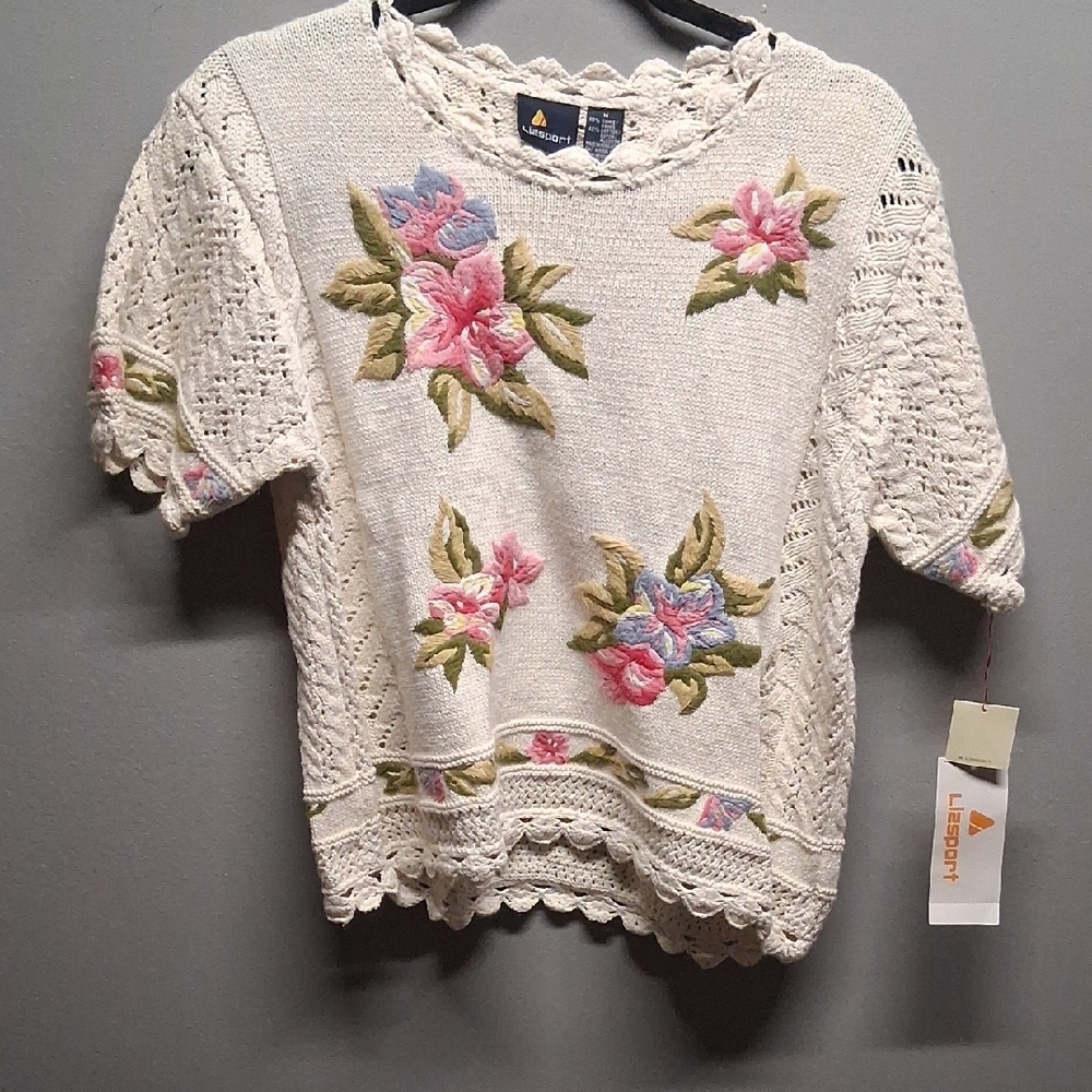 White Knit Top with Floral Embroidery